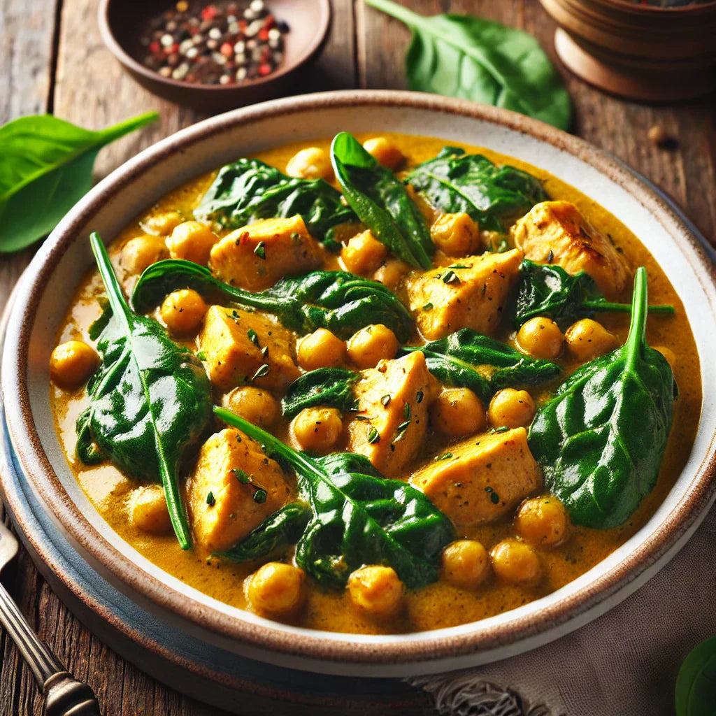 Receta proteica: POLLO AL CURRY CON GARBANZOS Y ESPINACAS